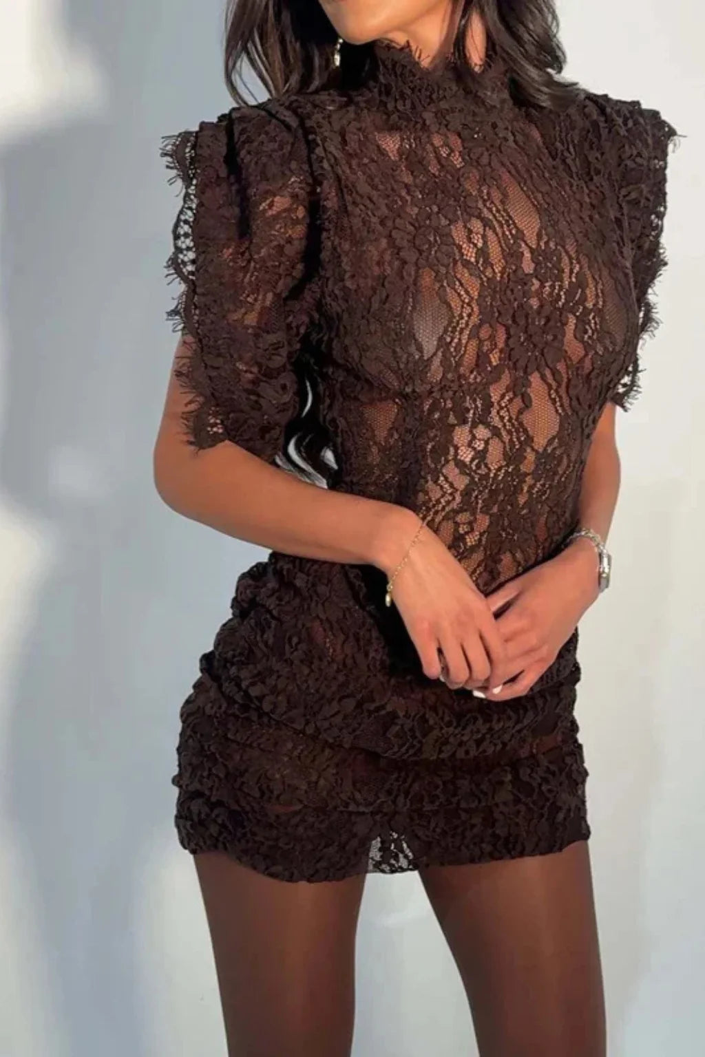 Women's burgundy sheer lace bodycon mini dress with mock neck and shor – Elles London